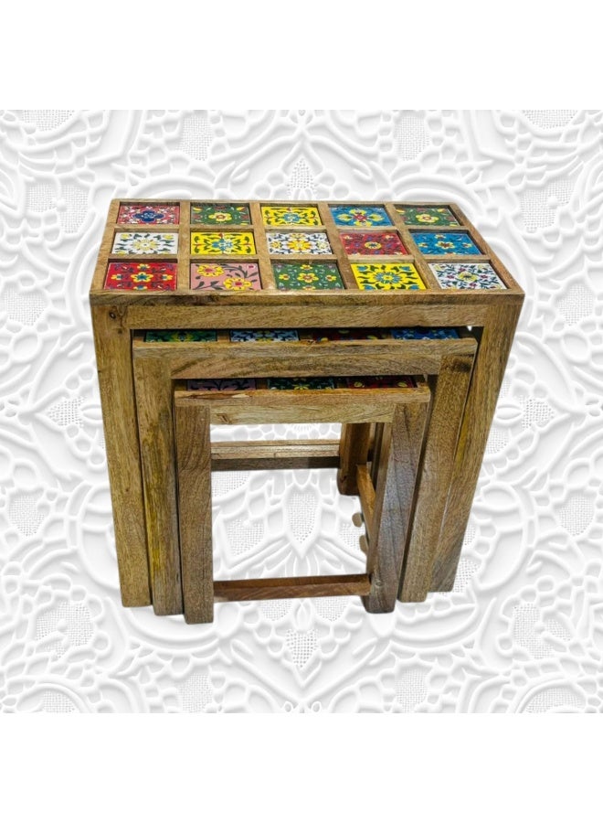 Regium Crafts Handmade Solid wood & Tiles Set of 3 Nesting Stools for Living Room,Ceramic Tile & Wooden Tables, Wooden Stools,Living Room Furniture. - Image 4